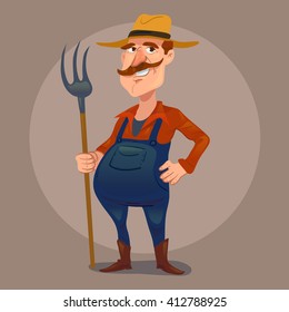 happy friendly character, cartoon man, farmer, vector illustraion