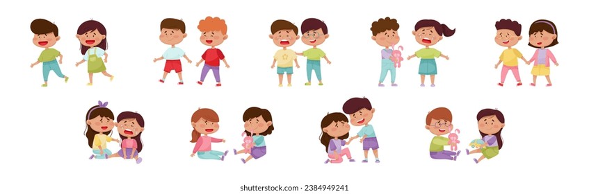 Happy Friendly Children Characters Playing Together Vector Set