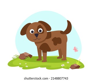 Happy Friendly Dog On Summer Landscape. Cute Brown Cartoon Puppy Wagging Tail And Sitting On A Grass. Pet Animal Card. Coloured Pet Animal Flat Vector Illustration Isolated On White Background.