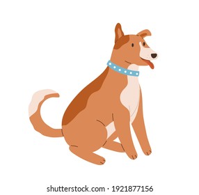 Happy friendly dog sitting with tongue out and wagging tail. Cute brown puppy with collar on neck. Colored flat vector illustration isolated on white background