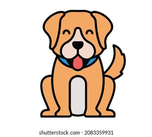 Happy Friendly Dog Sitting With Tongue Out With Wagging Tail. Cute Brown Puppy With Collar On Neck. Brown Colored Flat Vector Illustration Isolated On White Background