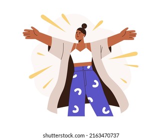 Happy friendly emotional woman hugging, welcoming. Open-minded excited positive female extrovert. Extraversion, openness, hospitality concept. Flat vector illustration isolated on white background