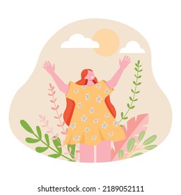 Happy friendly emotional woman hugging, welcoming. Open-minded excited positive female extrovert. Extraversion, openness, hospitality concept. Flat vector illustration isolated on white background