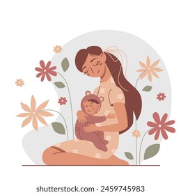 Happy friendly family. Happiness in  motherhood and childhood. Young beautiful woman hugs her child. A mom and her baby among the flowers. Happy Mother`s Day card. Love and tenderness in a parenthood.