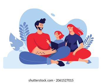 Happy friendly family sitting together, flat vector illustration. Mom, Dad, and daughter. Smiling cartoon characters gather in a group.
