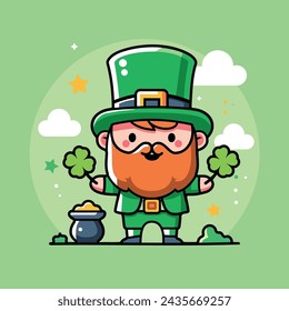Happy and friendly leprechaun with two clovers in his hand celebrating Saint Patrick's Day