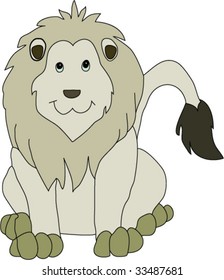 A happy, friendly looking lion, looking straight at the user, with his tail to the right side.