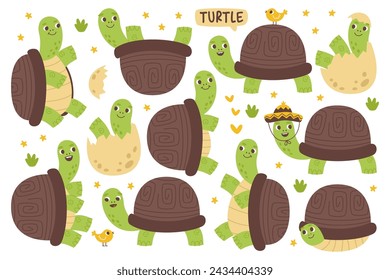 Happy friendly smiling turtles cute cartoon animal characters set in different funny active pose vector illustration. Kawaii tortoise reptile mascot running, lying on shell, hatching from egg