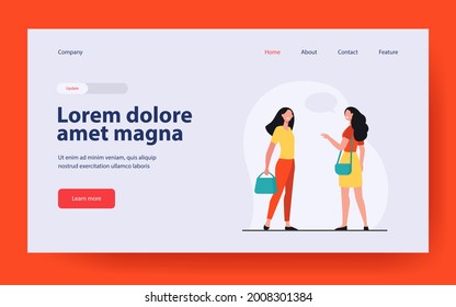 Happy friendly women talking outside. Female friends accidental meeting flat vector illustration. Communication, public place concept for banner, website design or landing web page