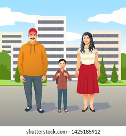 Happy friendly young Latino family with mother, father and their young son standing in a row in the street in front of high-rise apartment blocks or offices in a city. Vector illustration