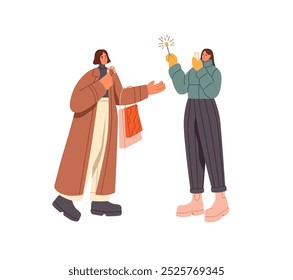 Amigos felizes depois das compras de Natal. Meninas com cana de doces gravar vídeo de queimando faísca, fogo de artifício com o telefone. As pessoas se alegram nas férias de inverno. Ilustração de vetor isolado plano em branco