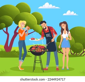 Happy friends at barbecue party concept. People at picnic cooking tasty food on grill outdoors. Friends preparing steak for picnic. Group of young characters grilled meat and have fun together