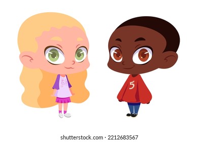 Happy friends blonde girl with short-haired boy. European girl and African American boy in cartoon style. Flat vector illustration of couple isolated on white background.