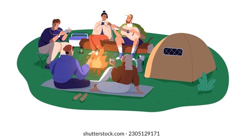 Felices amigos acampando, acampada, sentados alrededor del fuego en las vacaciones de verano. Campers, excursionistas relajándose en la fogata, camping, naturaleza. Ilustración vectorial gráfica plana aislada en fondo blanco