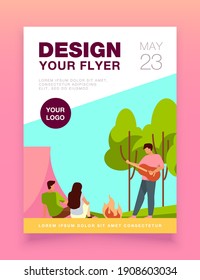 Happy friends camping on nature together. Tent, guitar, campfire flat vector illustration. Adventure and weekend concept for banner, website design or landing web page
