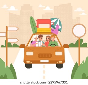 Happy friends car trip, summertime vacation and auto travel. Driver and passenger ride on road, holiday tour. Cartoon adventure snugly vector scene
