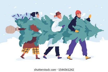 Happy friends carrying Christmas tree flat vector illustration. Merry people with fir tree outdoors. Traditional Xmas shopping. Festive market. Winter season holiday preparation concept.