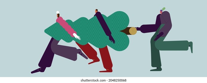 Happy friends carrying Christmas tree flat vector illustration. Merry people with fir tree outdoors. Traditional Xmas shopping. Festive market. Winter season holiday preparation concept.