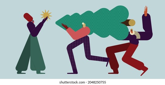 Happy friends carrying Christmas tree flat vector illustration. Merry people with fir tree outdoors. Traditional Xmas shopping. Festive market. Winter season holiday preparation concept.