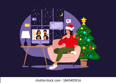 Happy friends celebrate Christmas and new year. Home online party. Girl in a Santa hat communicates with friends through a video call. Vector. Flat.