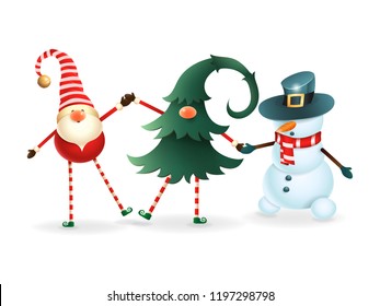 Happy friends celebrate Christmas - Scandinavian gnome, hidden gnome in christmas tree and snowman