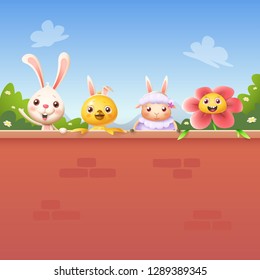 Happy friends celebrate Easter behind wall - bunny chicken sheep and flower