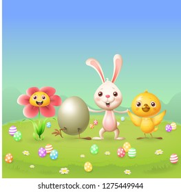 Happy friends celebrate Easter - spring landscape background - poster