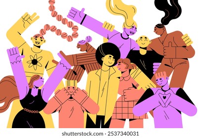 Amigos felizes comemoram, divirtam-se juntos. Multidão de pessoas dançando na festa. Diversos homens e mulheres rindo, sorrindo. Conceito de amizade internacional. Ilustração de vetor isolado plano em branco