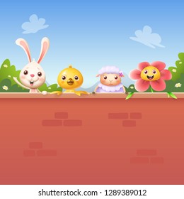 Happy friends celebrate spring behind wall - bunny chicken sheep and flower