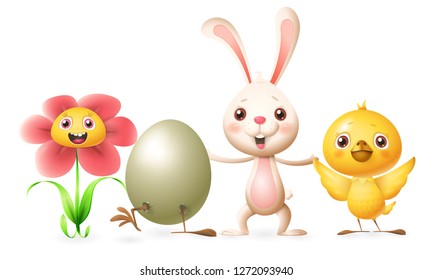 Happy friends celebrate Spring or Easter - Flower, Hatched egg, Bunny and Chicken - vector illustration characters