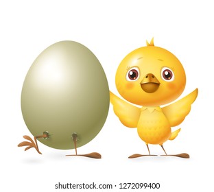 Happy friends celebrate Spring - Hatched egg and Chicken - vector illustration isolated on white background