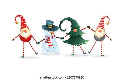 Happy friends celebrate Winter Solstice, Christmas and New Year. Scandinavian gnomes and snowman