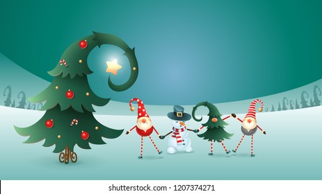 Happy friends celebrate Winter Solstice, Christmas and New Year. Scandinavian gnomes and snowman with decorated christmas tree