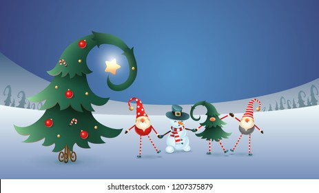 Happy friends celebrate Winter Solstice, Christmas and New Year. Scandinavian gnomes and snowman with decorated christmas tree. Blue winter landscape