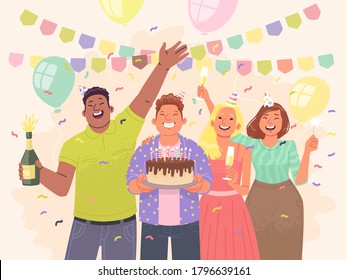 Amigos felices están celebrando un cumpleaños. Chicos y chicas se divierten en la fiesta. Ilustración vectorial en estilo plano