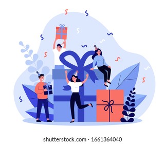 Happy friends celebrating birthday with present boxes. People giving gifts in party surprise. Vector illustration for Christmas, festive event, holiday concept