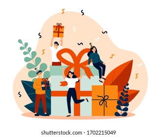 Happy friends celebrating birthday with present boxes. People giving gifts in party surprise. Vector illustration for Christmas, festive event, holiday concept