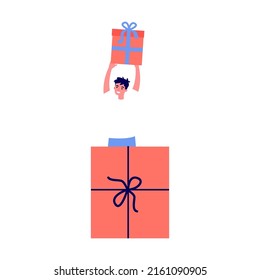 Happy friends celebrating birthday with present boxes. People giving gifts in party surprise. Vector illustration for Christmas, festive event concept