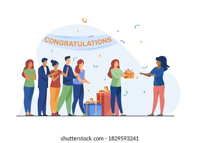 Happy friends celebrating birthday of woman. Gift, present, holiday flat vector illustration. Congratulation and party concept for banner, website design or landing web page