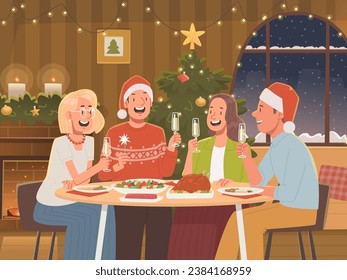 Happy friends celebrating Christmas. New Year holidays. Vector illustration in flat style