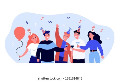 Happy friends celebrating and drinking wine. Glass, cap, party flat vector illustration. Celebration and entertainment concept for banner, website design or landing web page