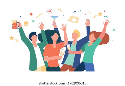 Happy friends celebrating event together. Croup of people enjoying party, dancing, drinking alcohol. Vector illustration for friendship, leisure time, having fun concept