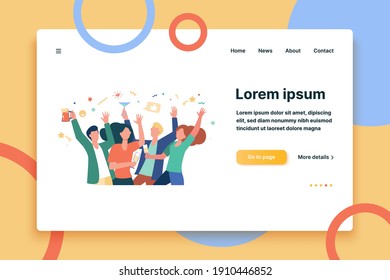 Happy friends celebrating event together. Croup of people enjoying party, dancing, drinking alcohol. Vector illustration for friendship, leisure time, having fun concept