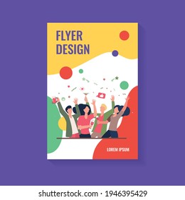 Happy friends celebrating event together. Croup of people enjoying party, dancing, drinking alcohol. Vector illustration for friendship, leisure time, having fun concept