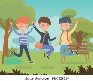 happy friends celebrating in the park scene vector illustration