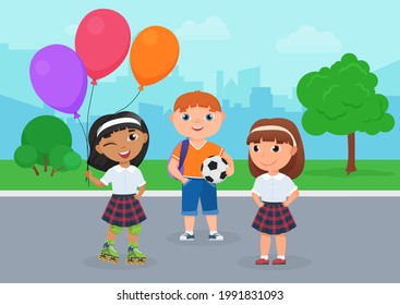 Happy friends children in school uniform stand together in park vector illustration. Cartoon girl in roller skates holding balloons, boy holding ball to play football, kids friendship background