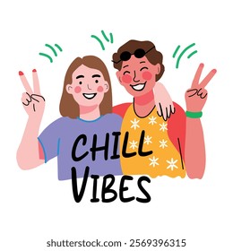 Happy friends with chill vibes typography, flat style sticker