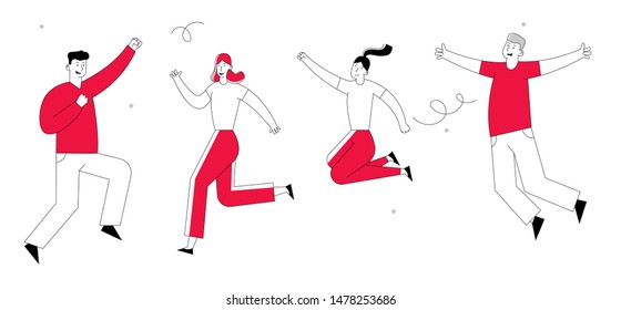 Happy Friends or Colleagues Business Managers Team Celebrating Birthday Party or Corporate Holiday. Young People Men and Women Jump with Hands Up in Night Club. Linear Cartoon Flat Vector Illustration