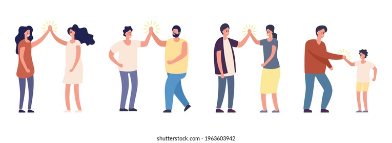 Happy friends and colleagues giving high five. cheerful people informal greeting, expression joy in agreement characters. High five, man and woman isolated on white