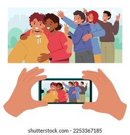 Happy Friends Company Having Fun Making Selfie on Smartphone. Teens Spend Time Together Photographing for Long Memory. Friendship, Human Relations Concept. Cartoon Vector Illustration